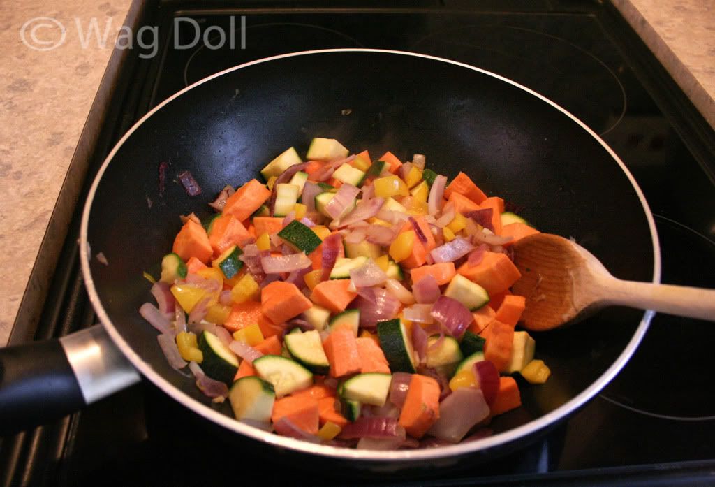 vegetables frying in pan