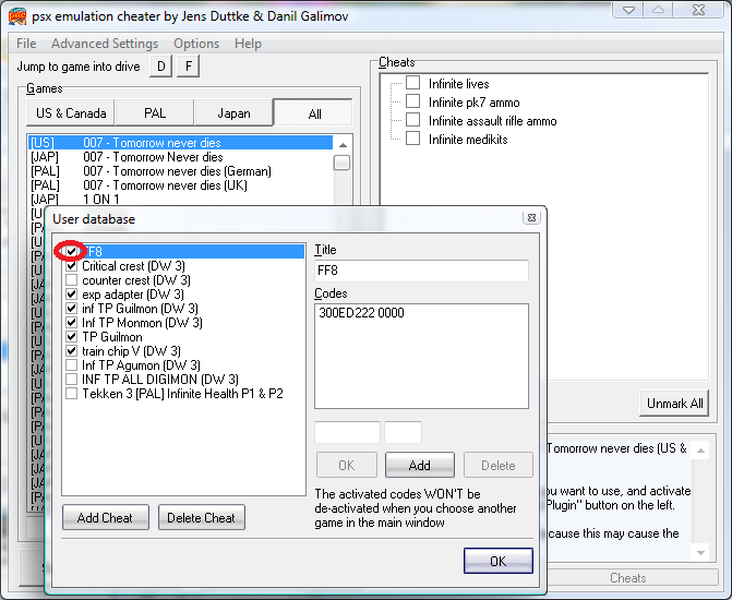 [B]klik Send Cheats to Plugin (Dengan catatan emulator epsxe sudah agan jalankan dengan config plugin video "psx emulation cheater")