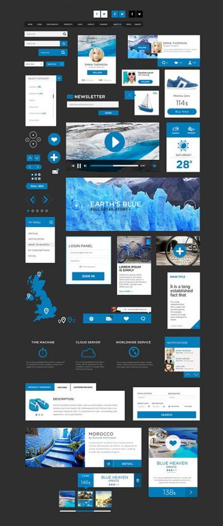 PSD Web Design - The Flat Design UI Pack - Blue & White Color Style PSD Web Design - The Flat Design UI Pack - Blue & White Color Style