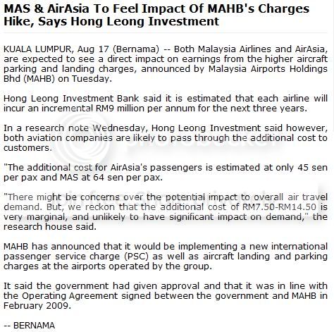 MAS,AIRASIA to feel impact on MAHB's charges hike
